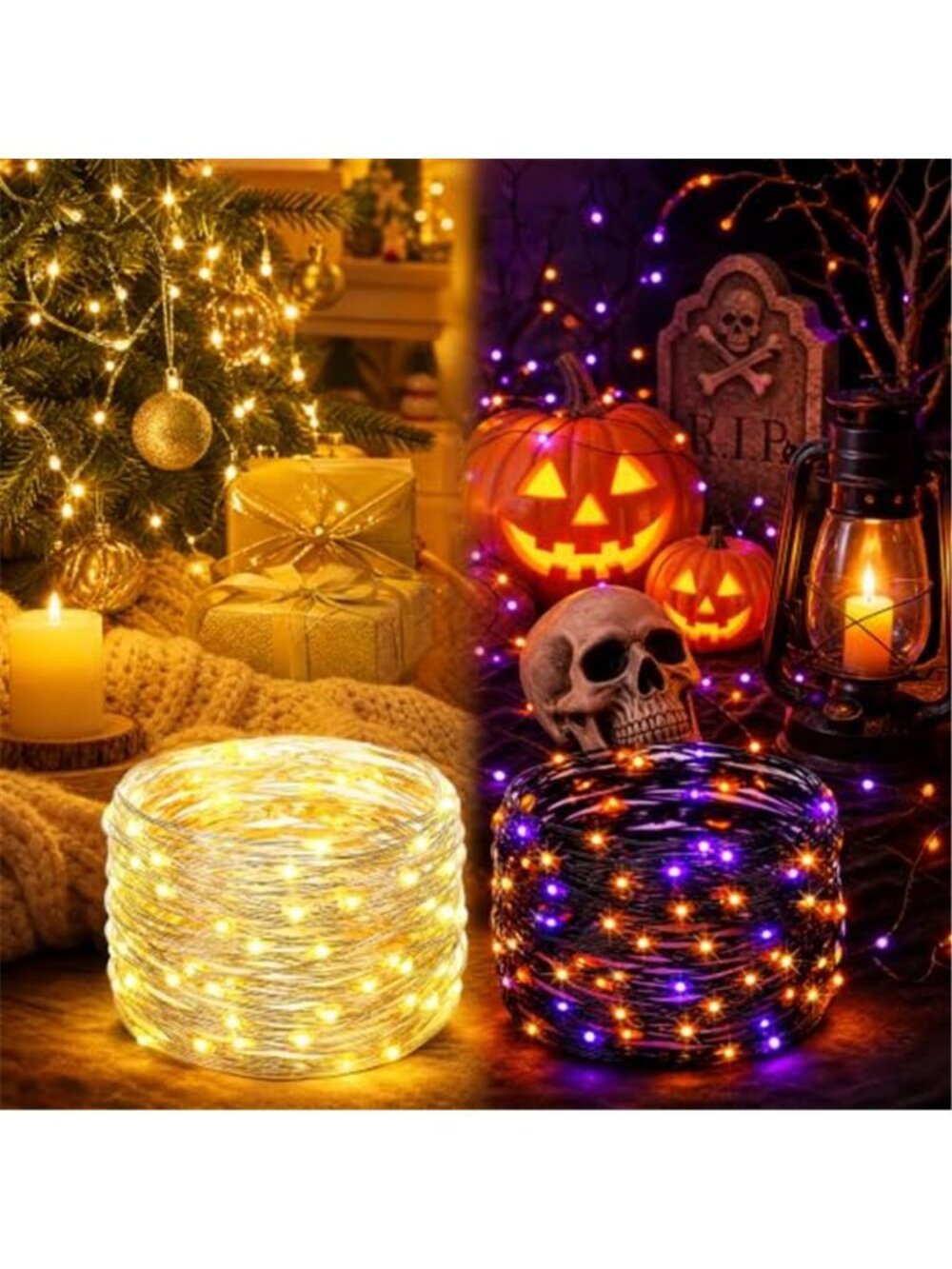 16FT 50 LED 1 Pack Fairy Lights+2 Pack Orange Purple Halloween Lights for Tree